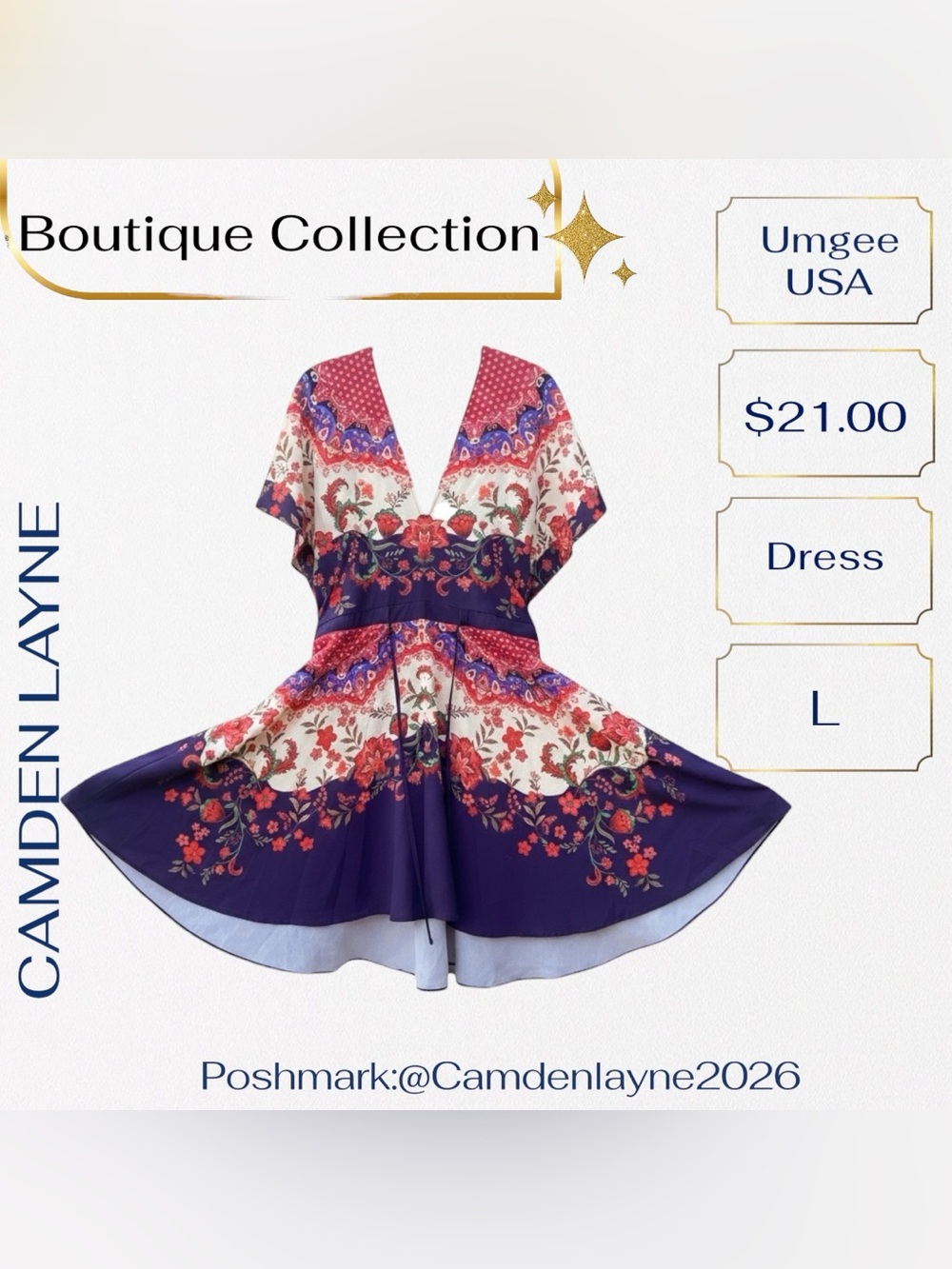Floral V-Neck V-Back Summer Dress in Navy and White - Picture 5 of 9